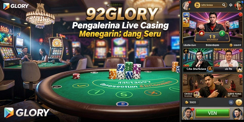 Screenshot utama 92GLORY menampilkan dealer langsung dan permainan yang menarik.