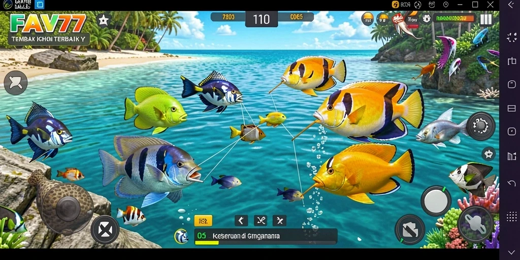 Tampilan permainan seru dengan berbagai ikan yang dapat ditangkap.