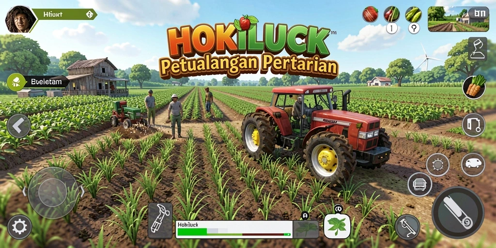 Screenshot utama HOKILUCK menunjukkan gameplay pertanian yang penuh warna.