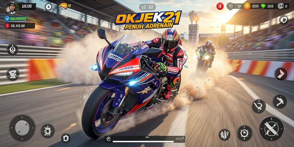Tampilkan gameplay balapan motor yang intens di OKJEK21.
