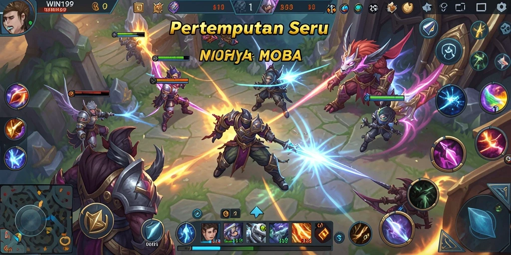 Tangkapan layar utama WIN199 menampilkan pertarungan seru di arena MOBA.
